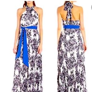 Aliza J Halter floral maxi dress•grey black white•pleated•open back